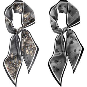 2PCS Satin Silk-Feeling Hair & Neck Scarf Set – Black Floral – 59" x 6.7"